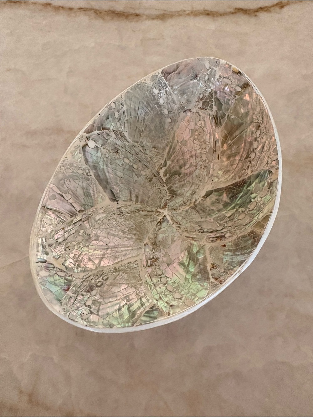 Iridescent Mother-of-Pearl Decorative Bowl - White/Green Accent